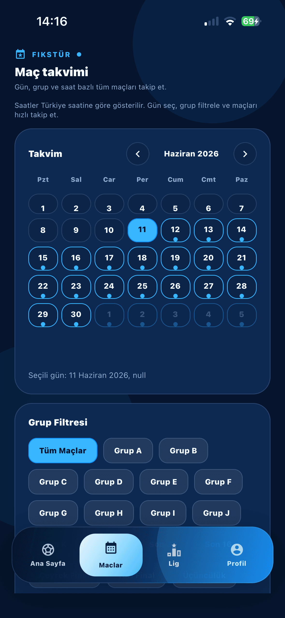 Football Fantasy match calendar screen
