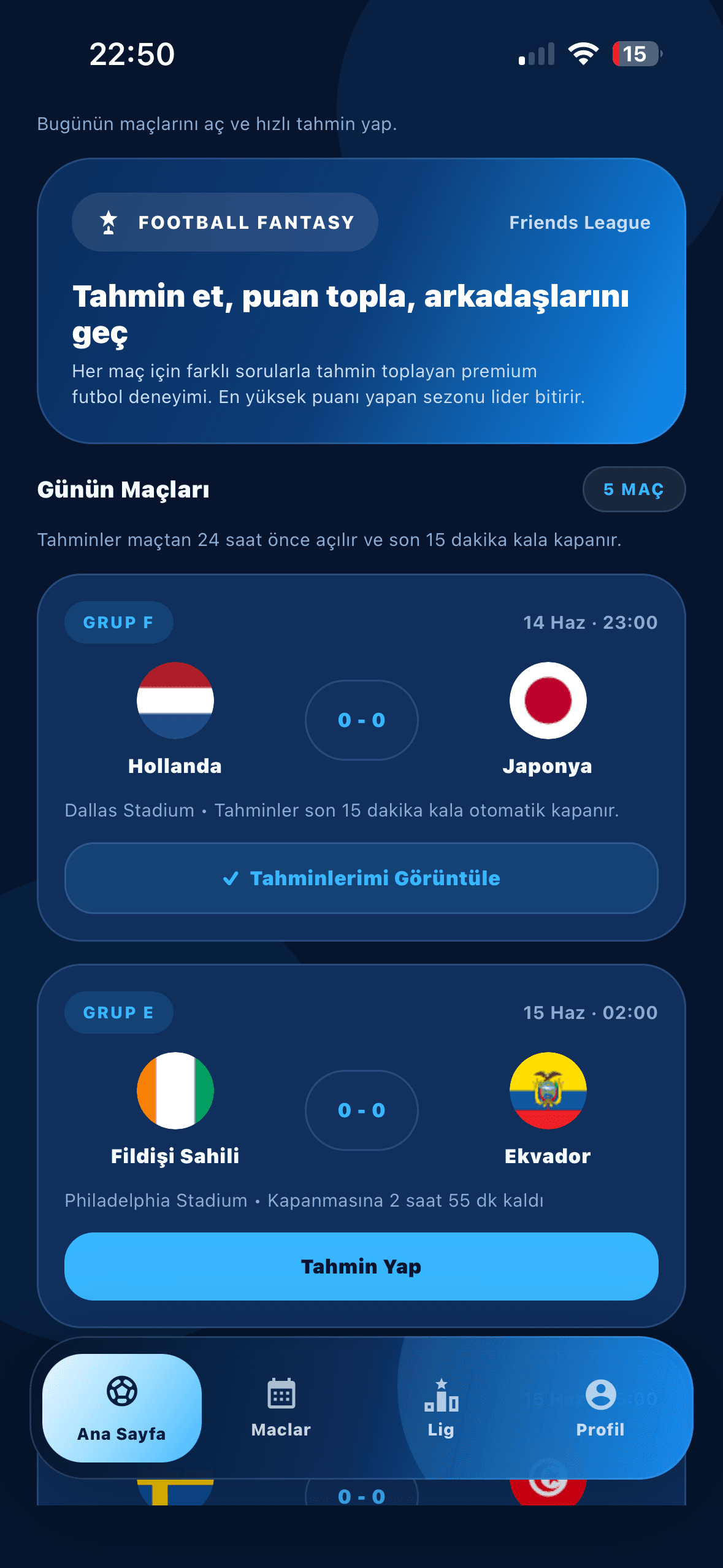 Football Fantasy home screen