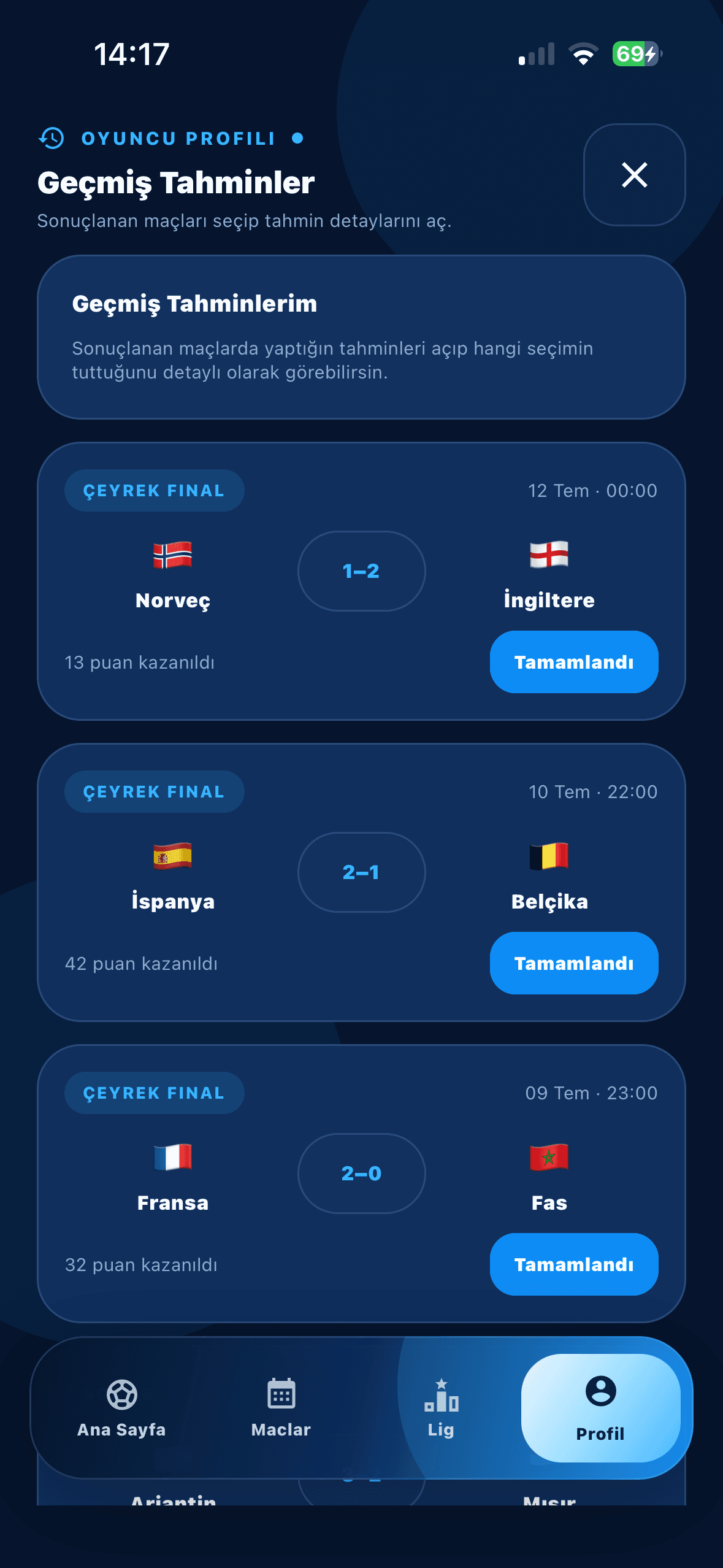 Football Fantasy past predictions screen