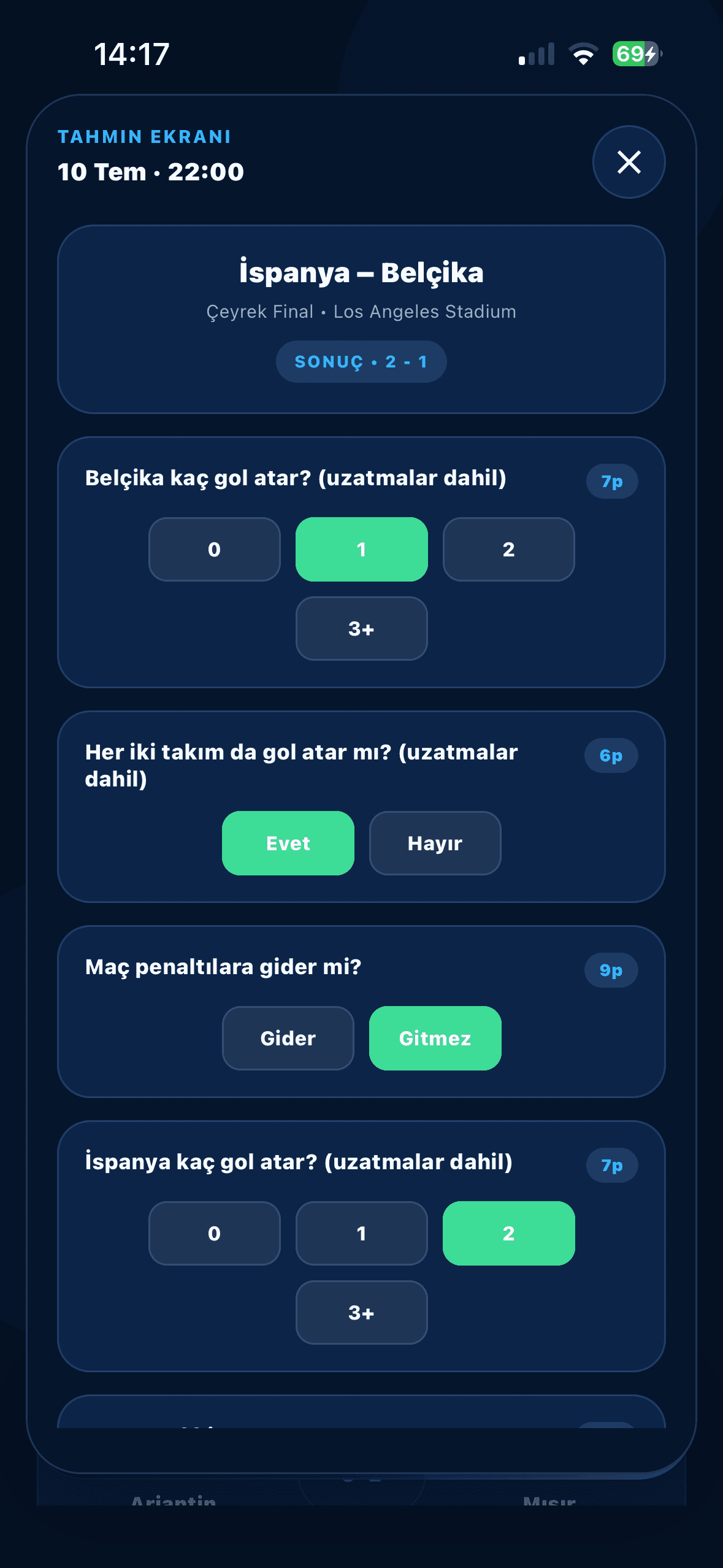 Football Fantasy match prediction screen