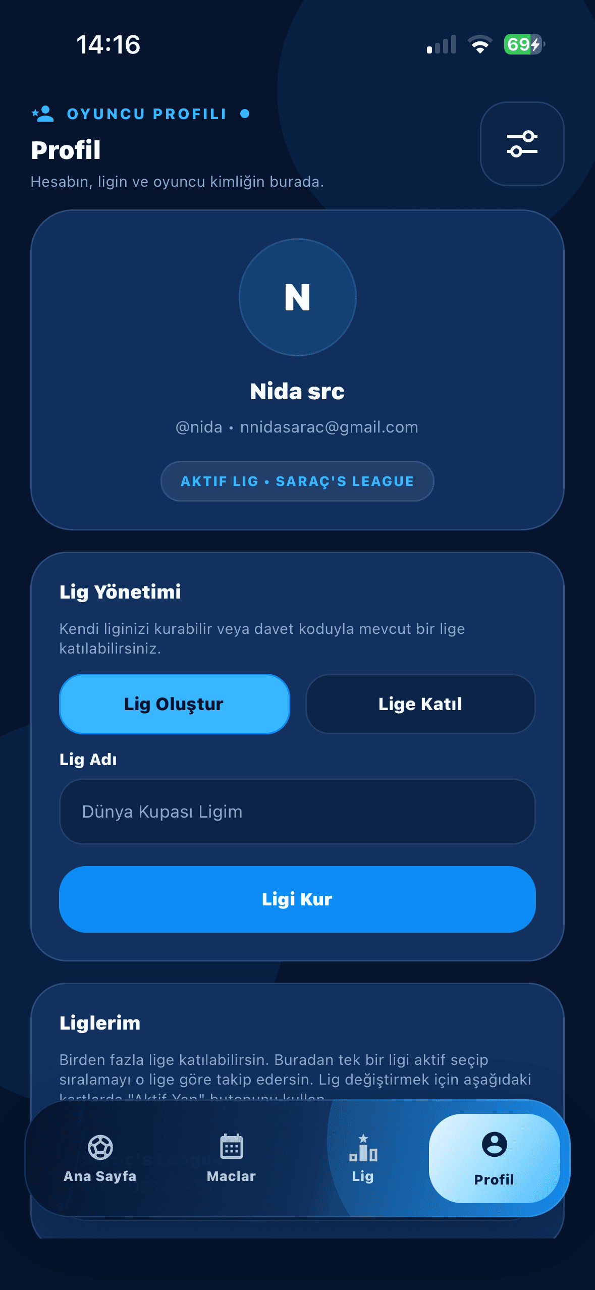 Football Fantasy profile screen