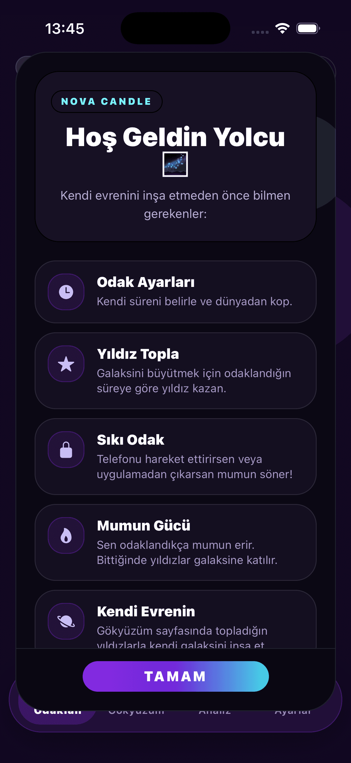 NovaCandle onboarding screen