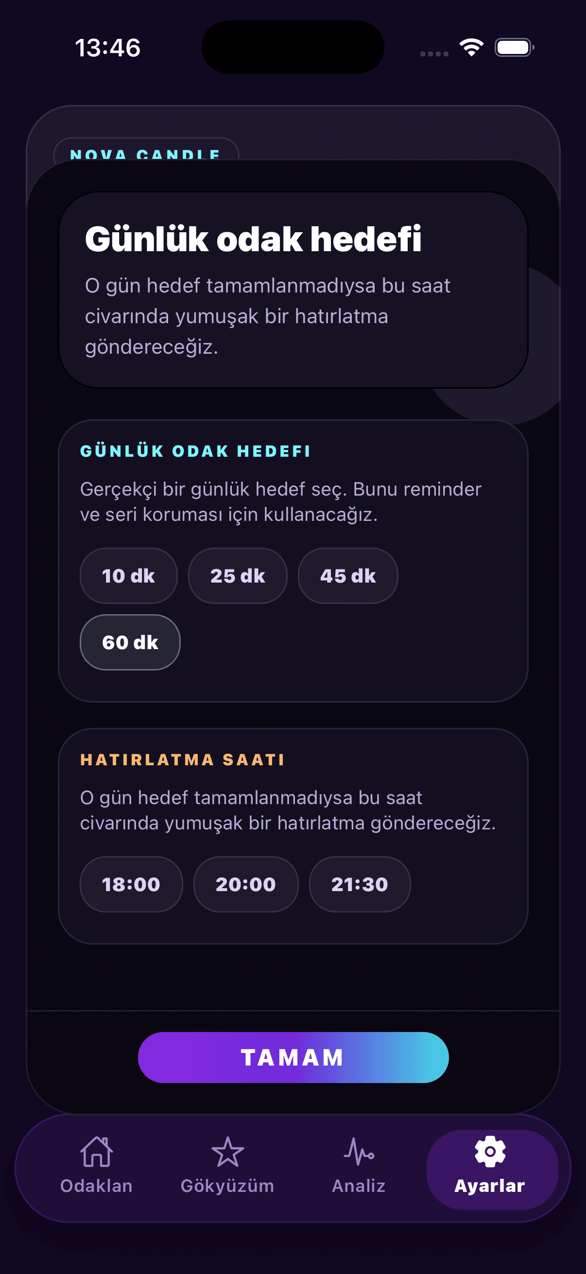 NovaCandle settings modal screen