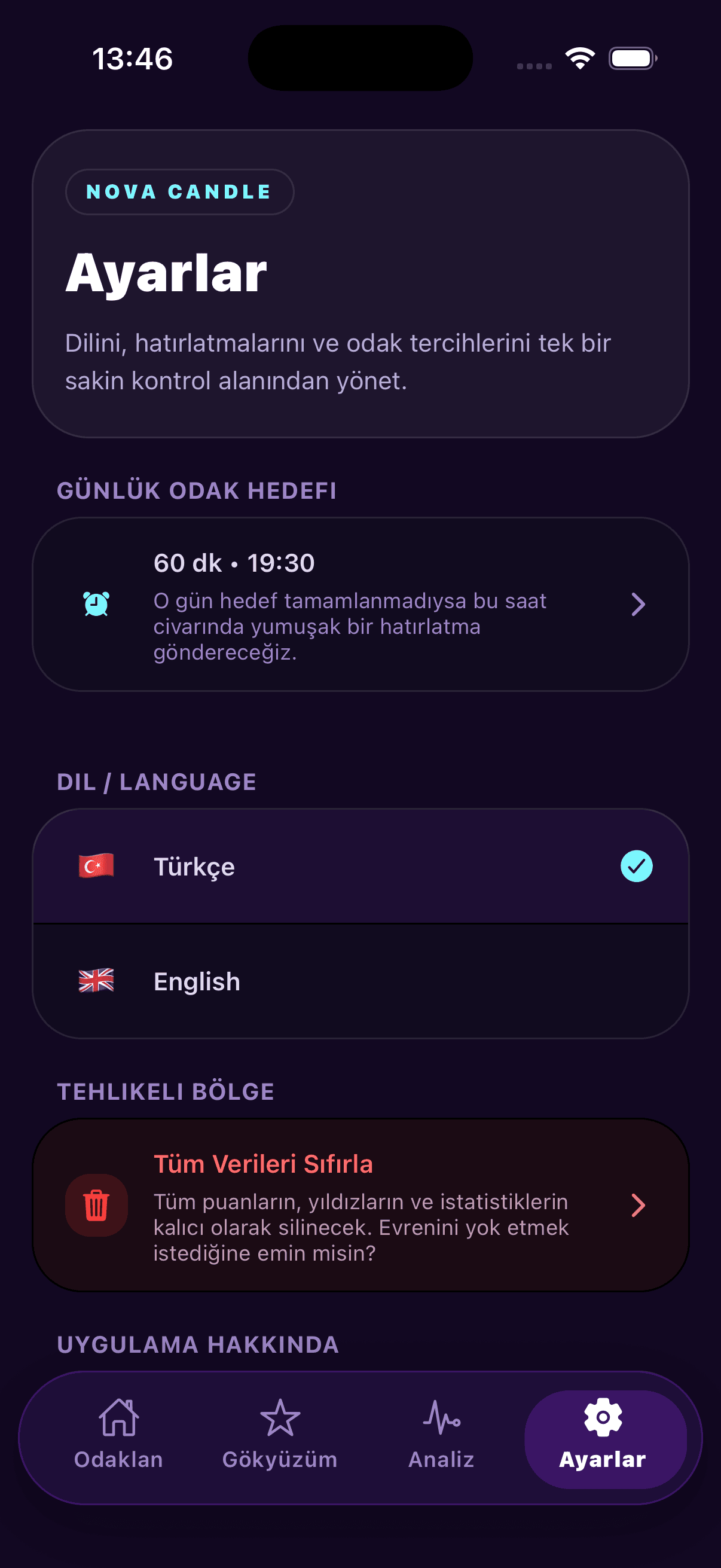 NovaCandle settings screen